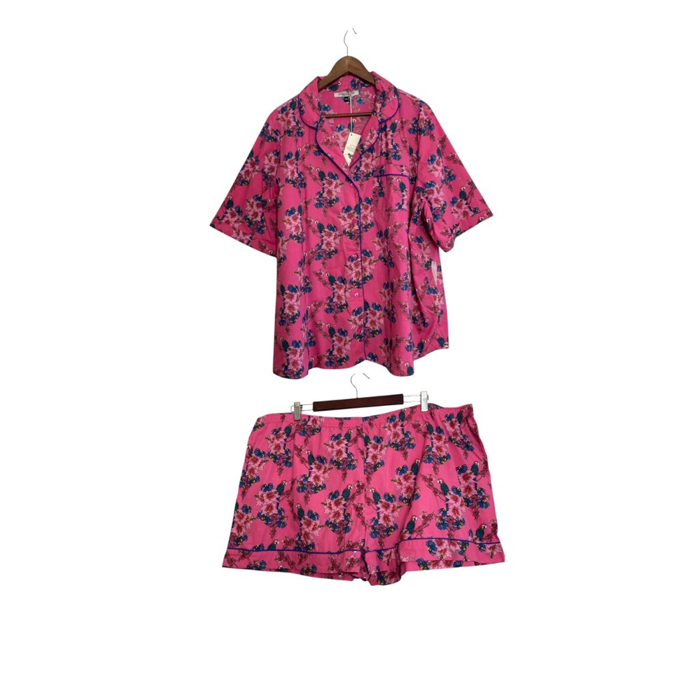 New Their Nibs PJs Womens XXL Pink Cotton Parrots Shorts Top Summer Pajama Set